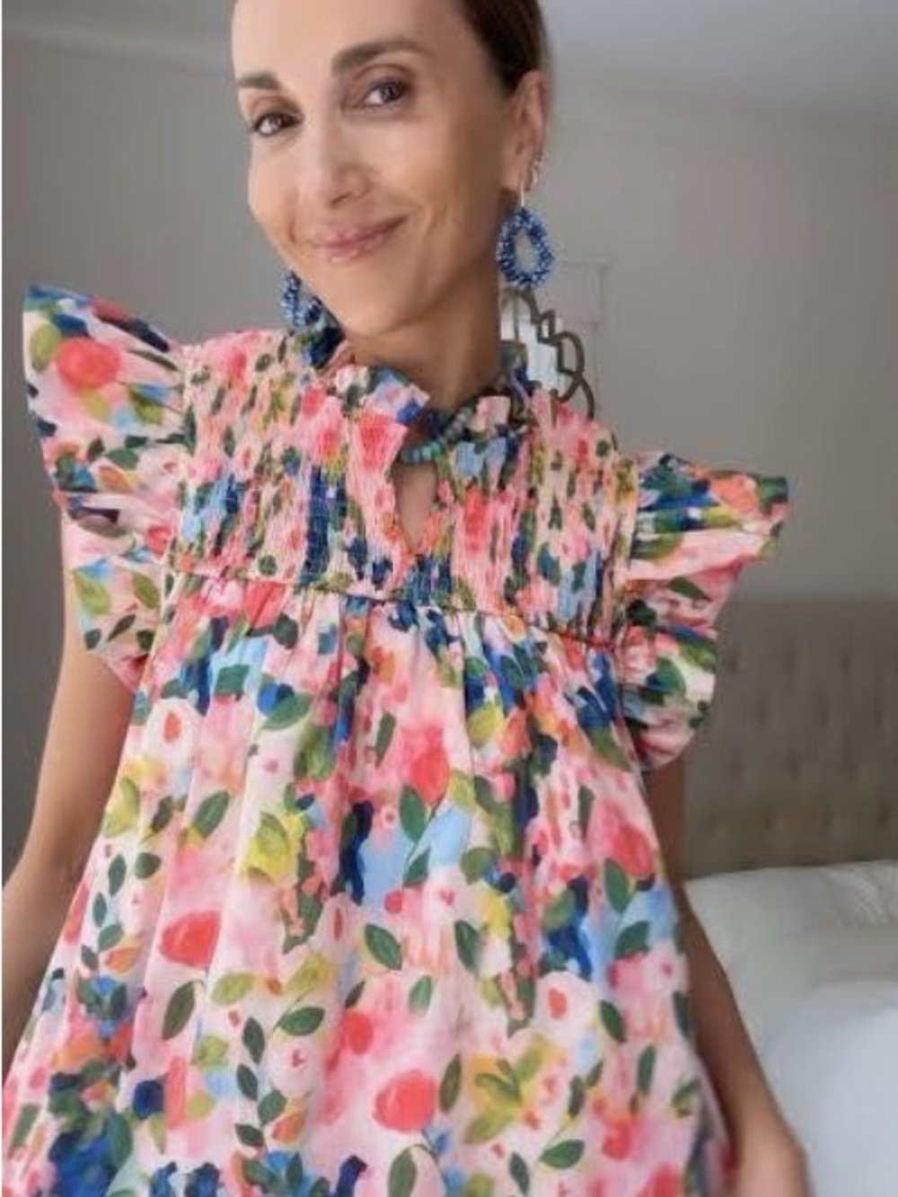 TCEC Floral Smocked Ruffle Sleeve Boho Chic Blouse